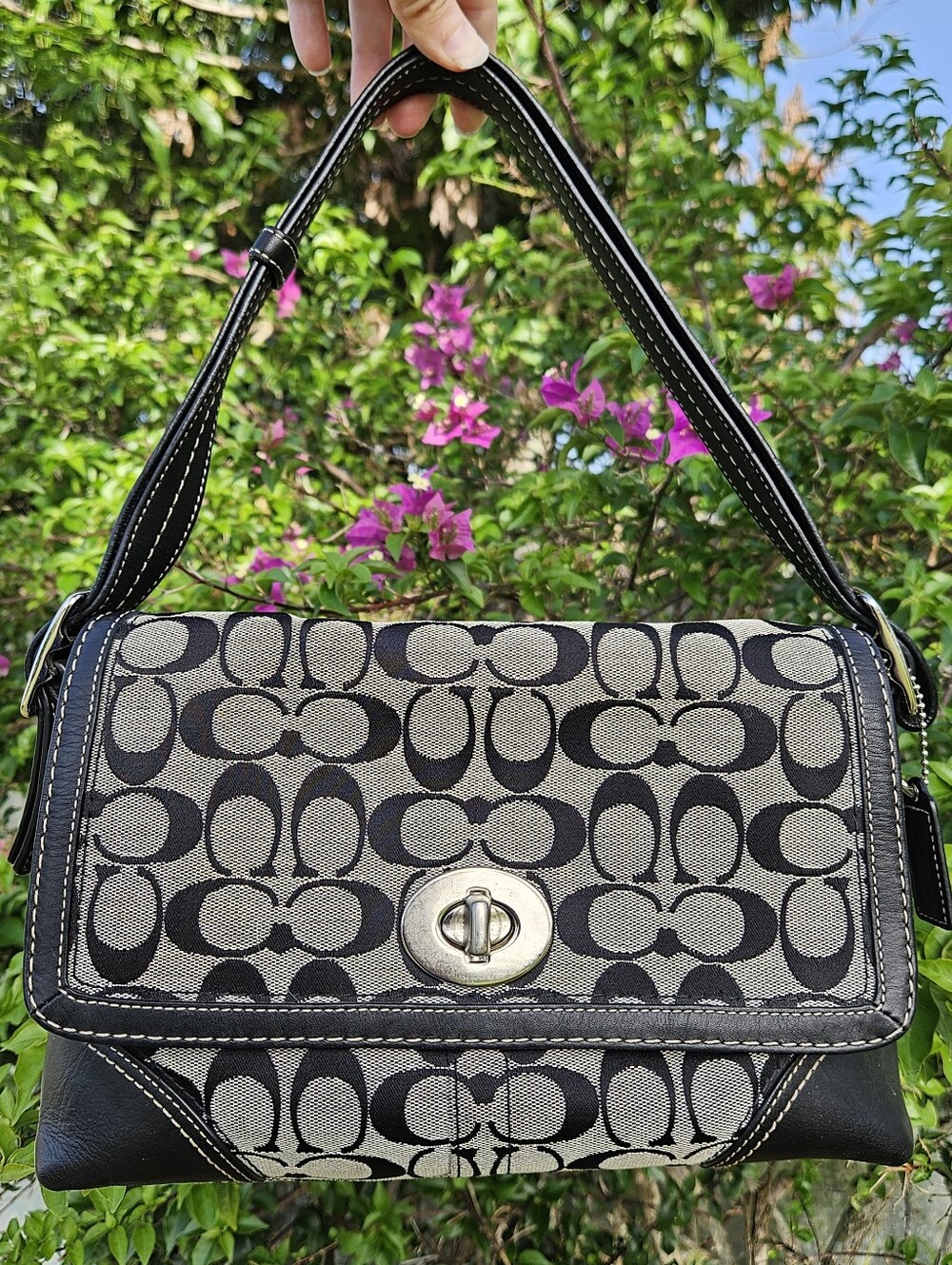 Coach Hampton F13066 Black Signature Jacquard Turnlock Flap Shoulder Bag